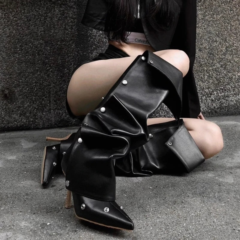 Women's Pleated PU Knee-High Knight Boot with Stiletto Heel