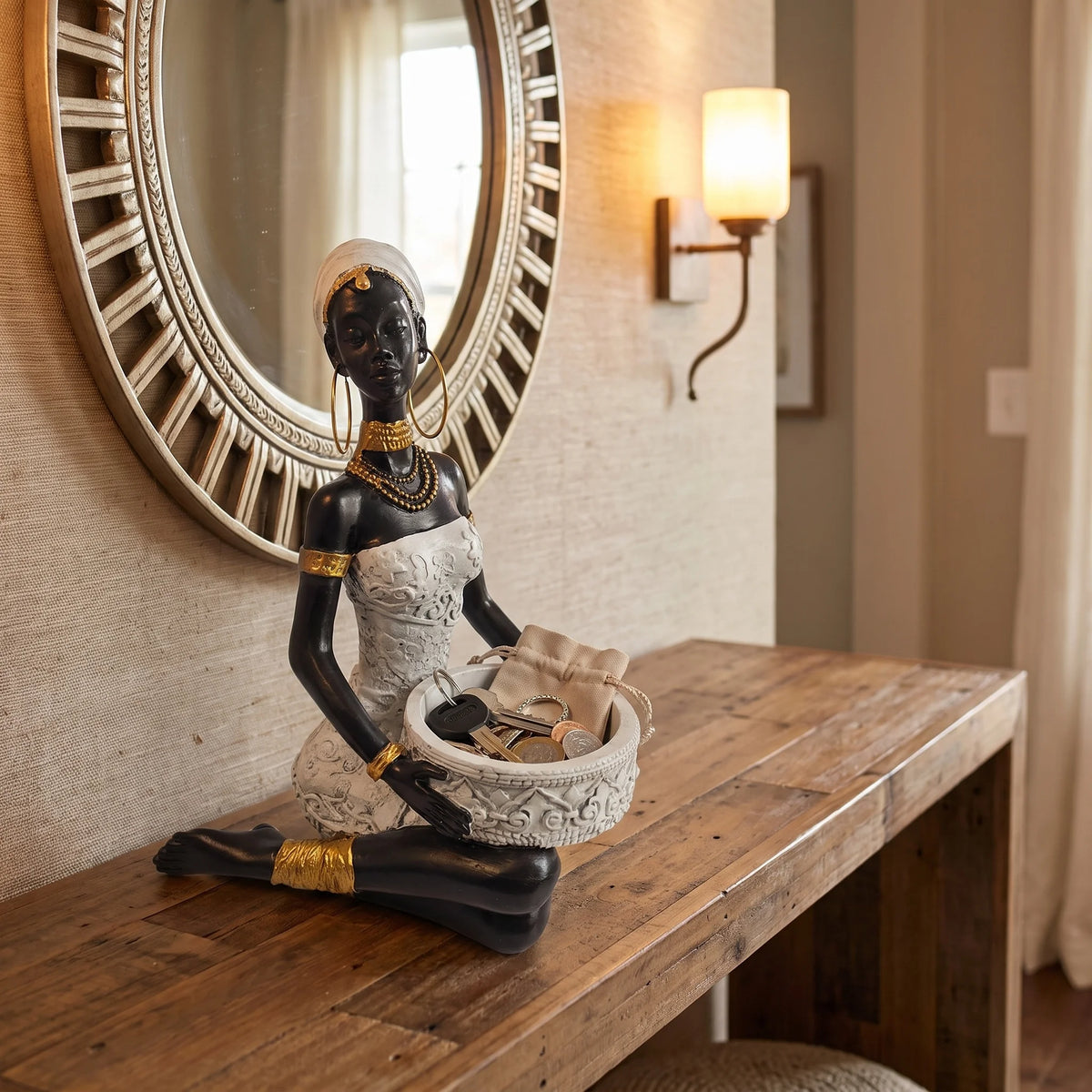 Bohemian African Woman Tray Sculpture | 2-in-1 Resin Decor & Storage Ornament