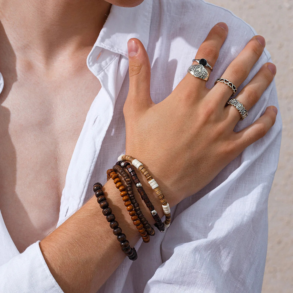 FBA 5-Piece Natural Stone Stacked Bracelet Set | Hip Hop Men's Jewelry