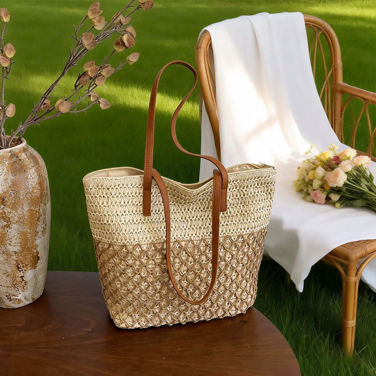 Bohemian Straw Tote Bag with Pony Charm – Hollowed Weave Beach Shoulder Bag