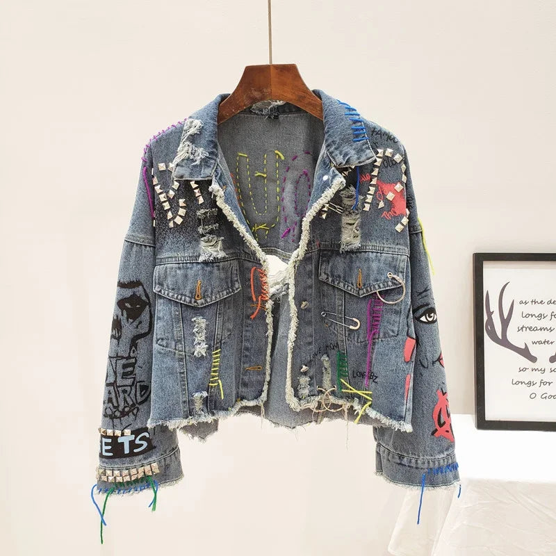 Women's Graffiti Frayed Raw Cut Denim Jacket – Short Rivet Fringe Jean Coat | Blue | S–XL | FBA Vibes