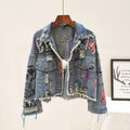 Women's Graffiti Frayed Raw Cut Denim Jacket – Short Rivet Fringe Jean Coat | Blue | S–XL | FBA Vibes