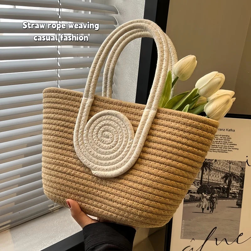 Cotton Rope Grass Woven Crossbody Tote Bag – Eco-Friendly Travel Vacation Handbag for Women