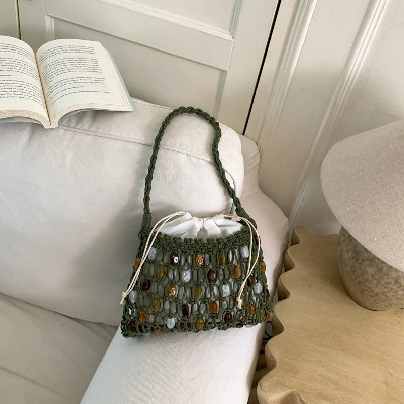 Handmade Woven Beaded Lattice Bag with Wooden Handle – Openwork Shoulder Tote
