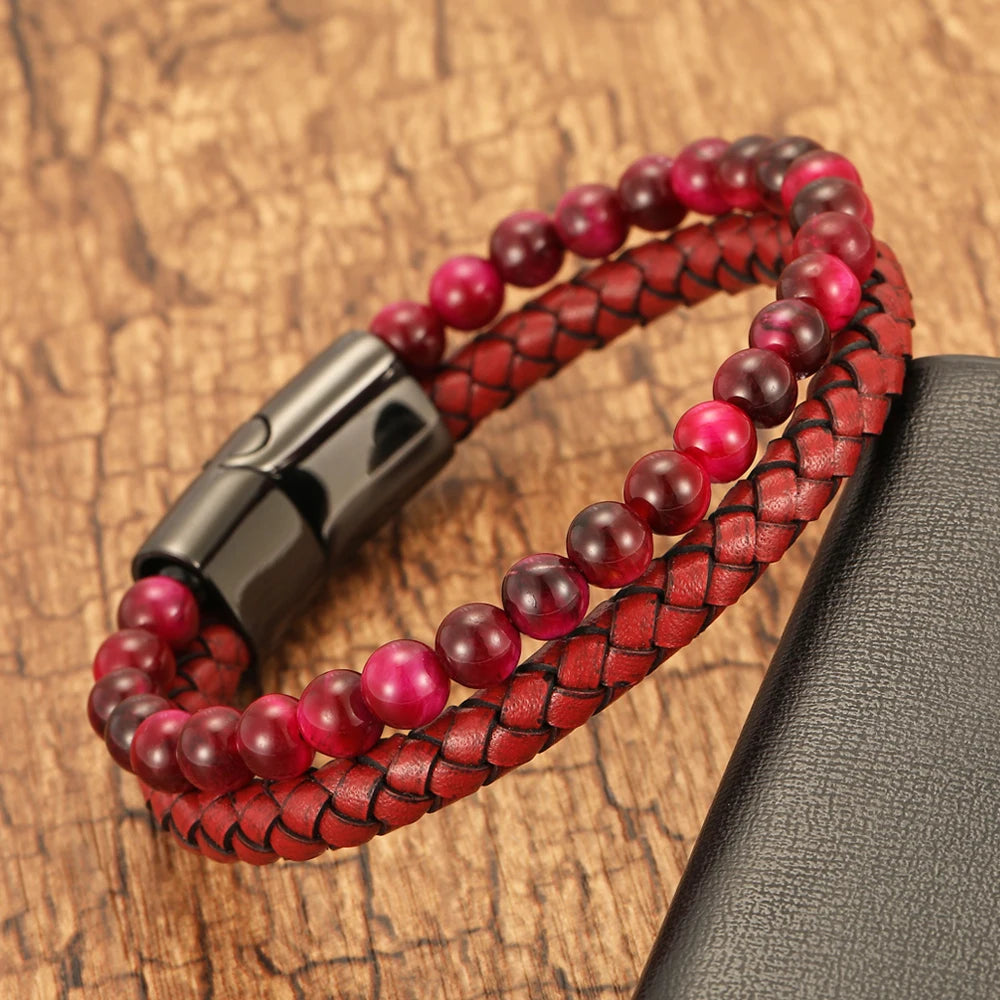 FBA Red Leather Rope Woven Bracelet for Men | Trendy Jewelry