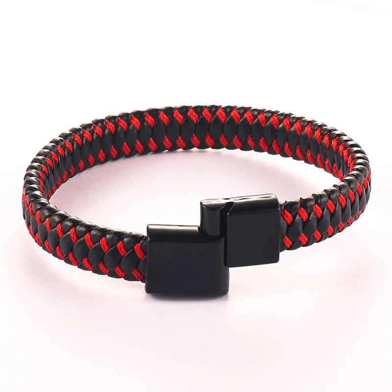 FBA Men's Black Braided Leather Magnetic Bracelet | Wristband Gift
