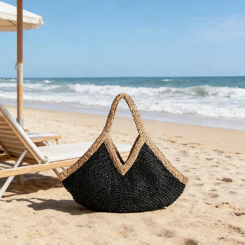 Bohemian Handmade Woven Straw Beach Bag – Vintage Crochet Rattan Tote Shoulder Purse