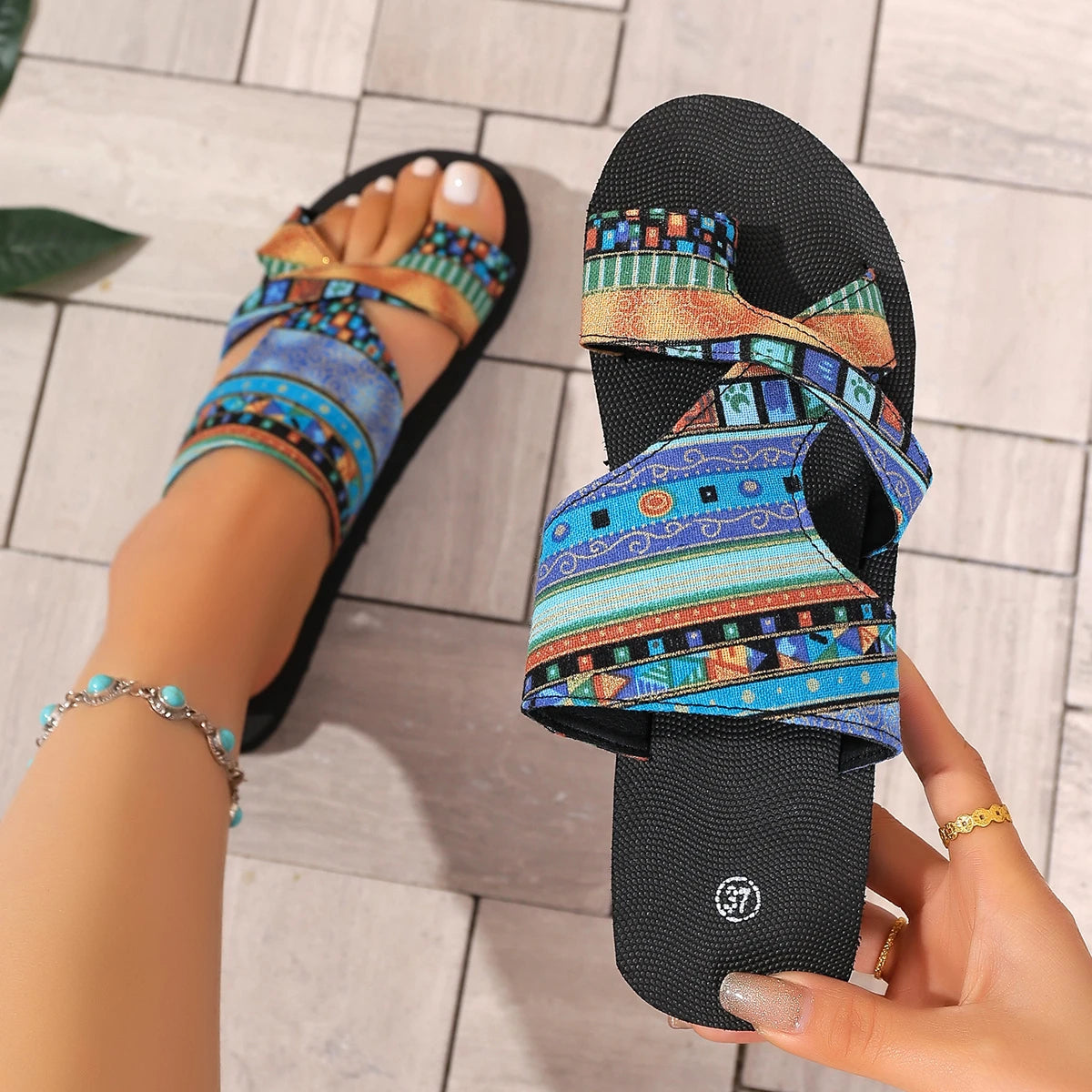 FBA Women's Tribal Pattern Platform Slides | Summer Beach Slippers