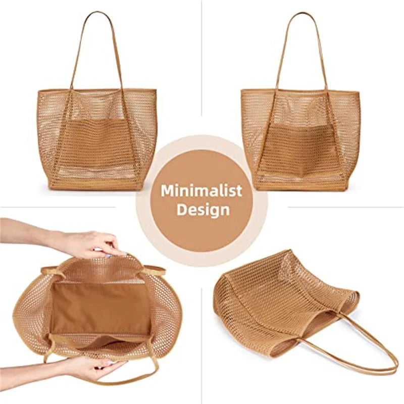 Women's Large Capacity Polyester Woven Beach Tote Bag – Durable Open Top Shoulder Bag for Travel & Shopping