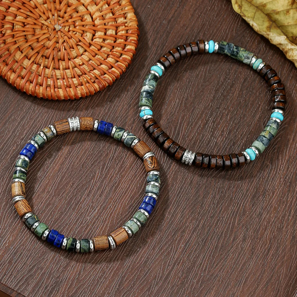 FBA Men's Tribal Wooden Lapis Lazuli Bracelet Set | Boho Jewelry