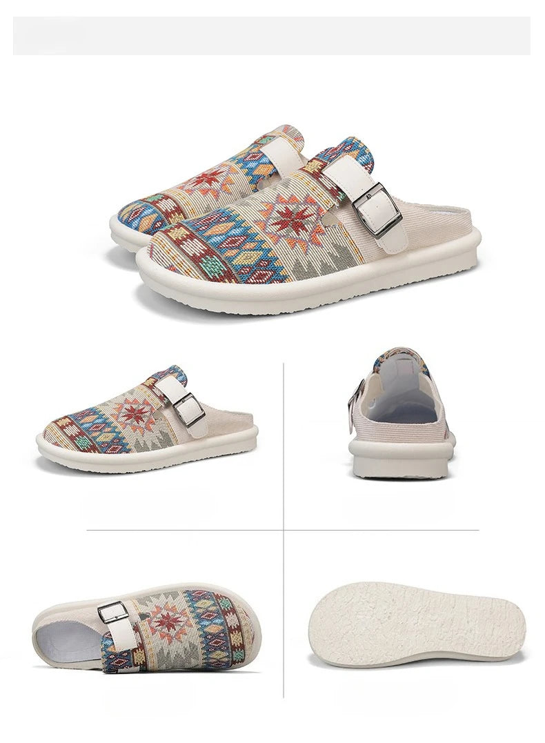 FBA Women's Ethnic Embroidered Linen Slippers | Handmade Comfort Sandals