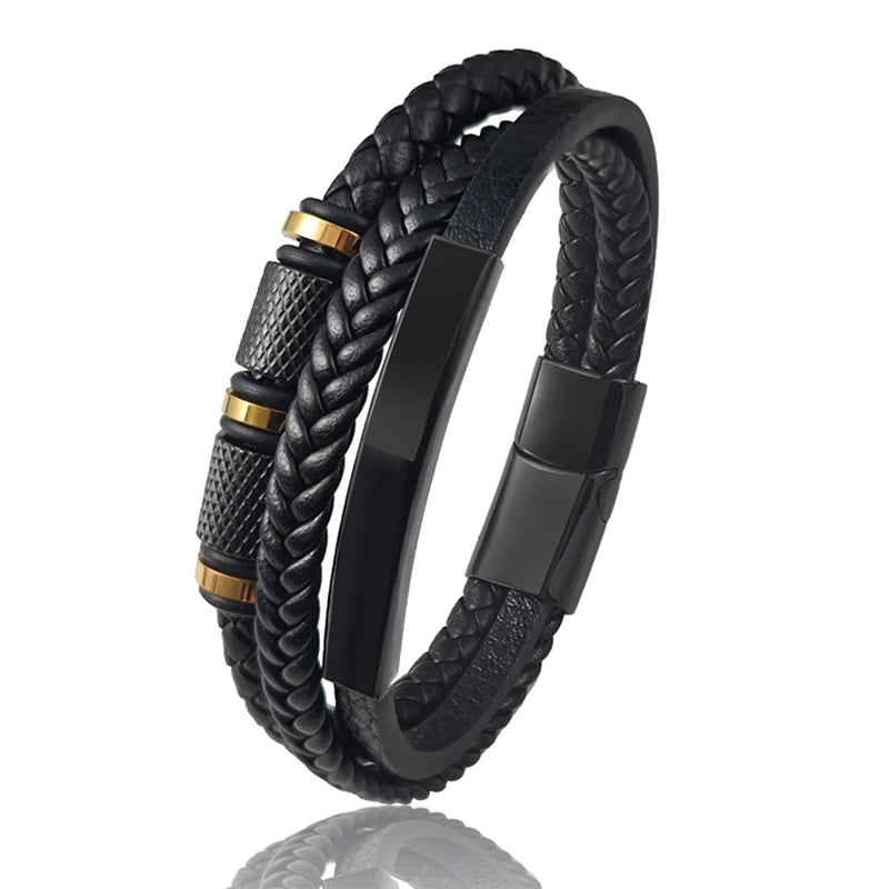 FBA Gold Beads Magnetic Leather Wrapped Bracelet | Men's Charm Jewelry