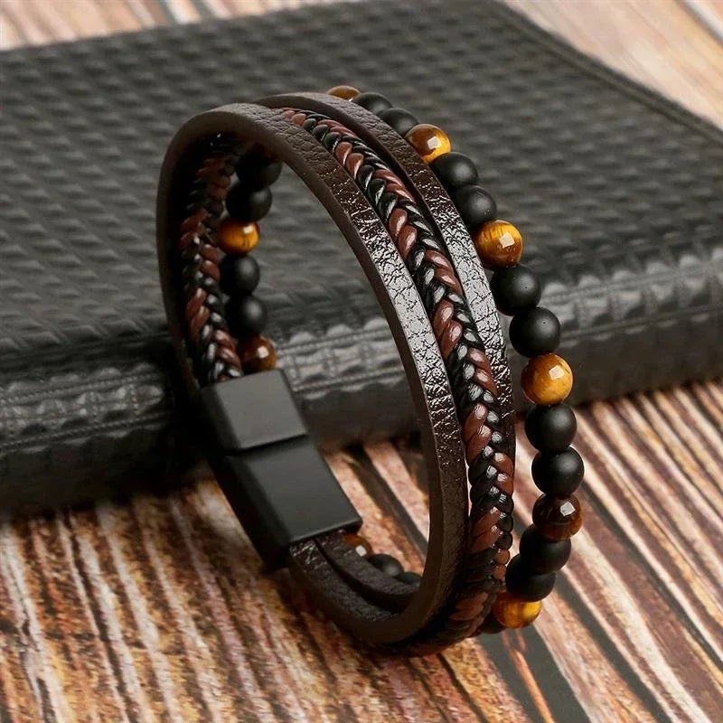 FBA Men's Tiger Eye Multilayer Leather Bracelet | Classic Fashion Jewelry