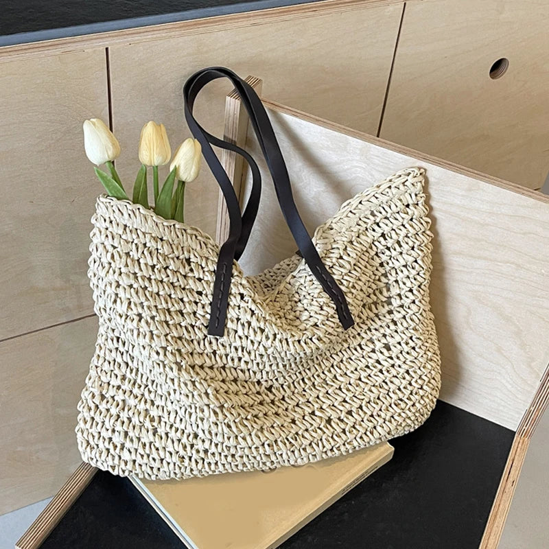 Straw Woven Casual Tote Bag for Women – Large Capacity Bohemian Beach Shoulder Handbag