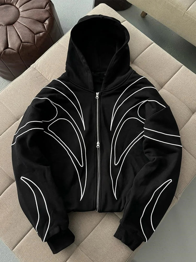 Women's Street Retro Striped Embroidered Oversized Hoodie – Y2K Hip Hop Punk Double Zipper Sweatshirt | Black | S–XL | FBA Vibes