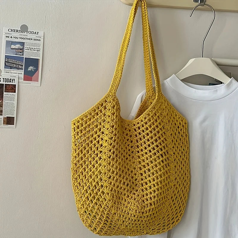 Women's Casual Large Capacity Woven Open-Top Beach Tote – Breathable Adjustable Strap Shoulder Bag