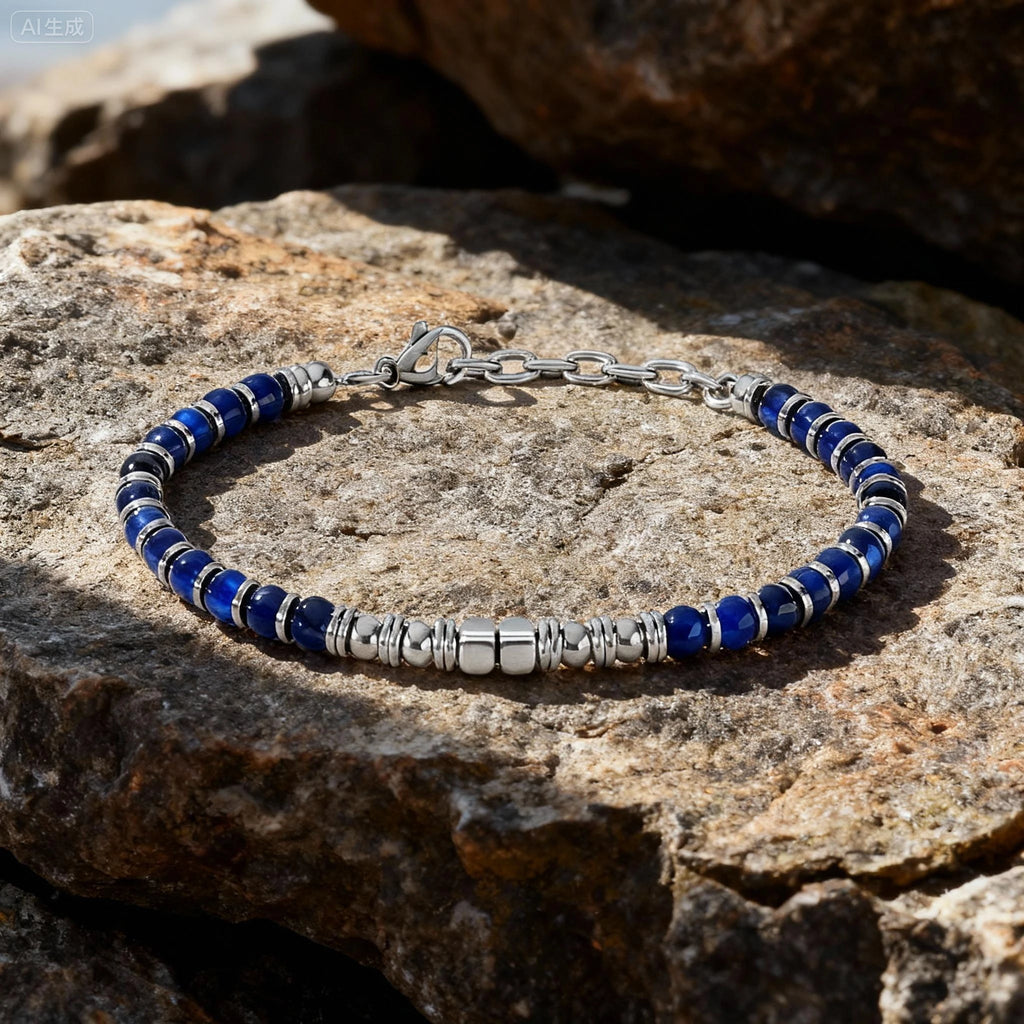 FBA Men's Blue Natural Stone Stainless Steel Bracelet | Handmade Jewelry