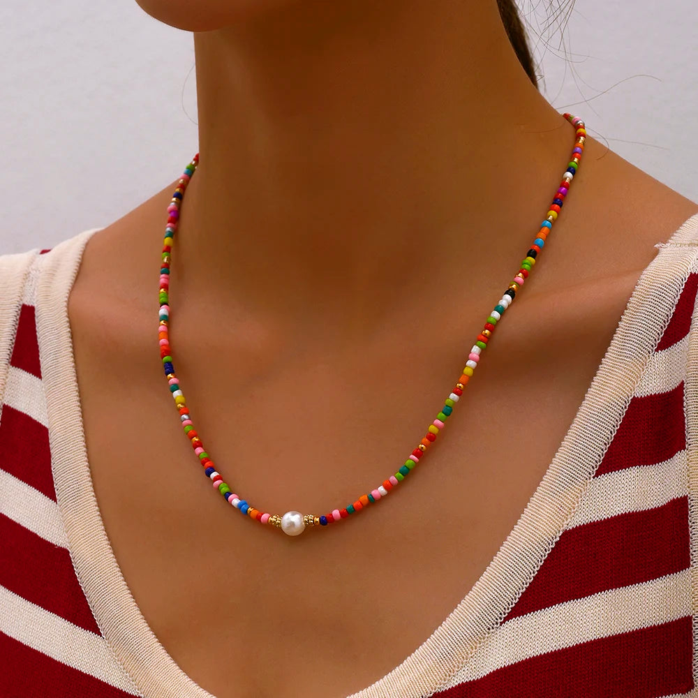 FBA Bohemian Gold Beads Pearl Pendant Necklace | Beach Vacation Jewelry