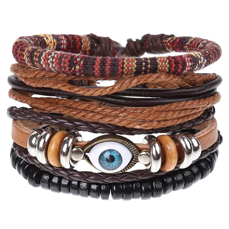 FBA 4-Piece Braided Leather Ethnic Wristband Set | Hope Believe Bracelet