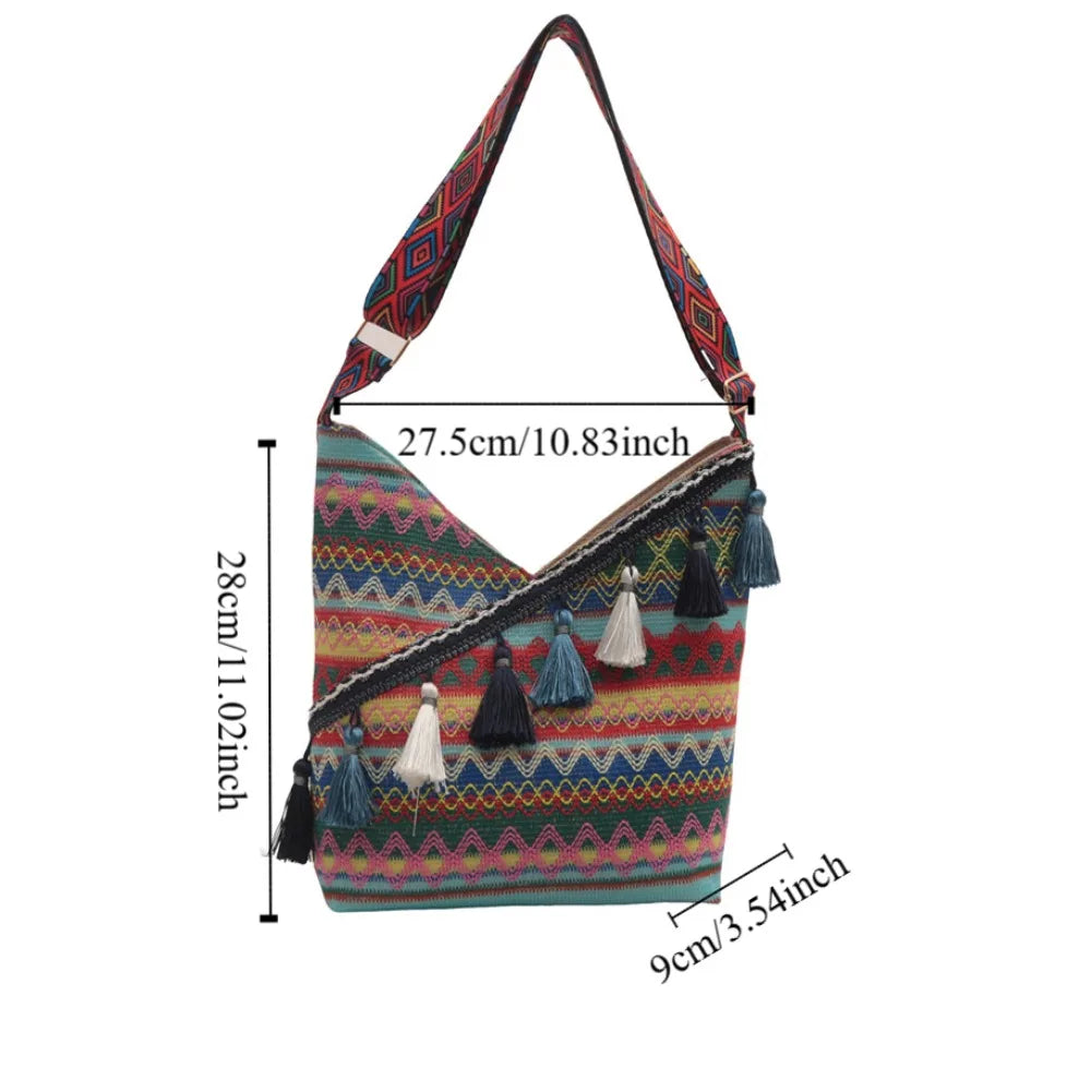 Bohemian Geometric Woven Fringe Shoulder Bag – Vintage Ethnic Tassel Crossbody Tote for Travel