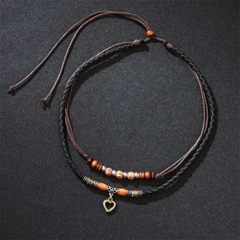 FBA Vintage Boho Leather Heart Necklace | Unisex Long Jewelry