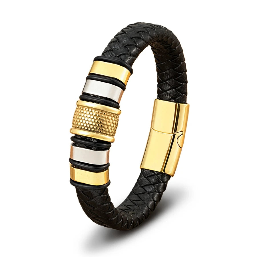FBA Men's Stainless Steel Beaded Leather Rope Bracelet | Charm Jewelry Gift