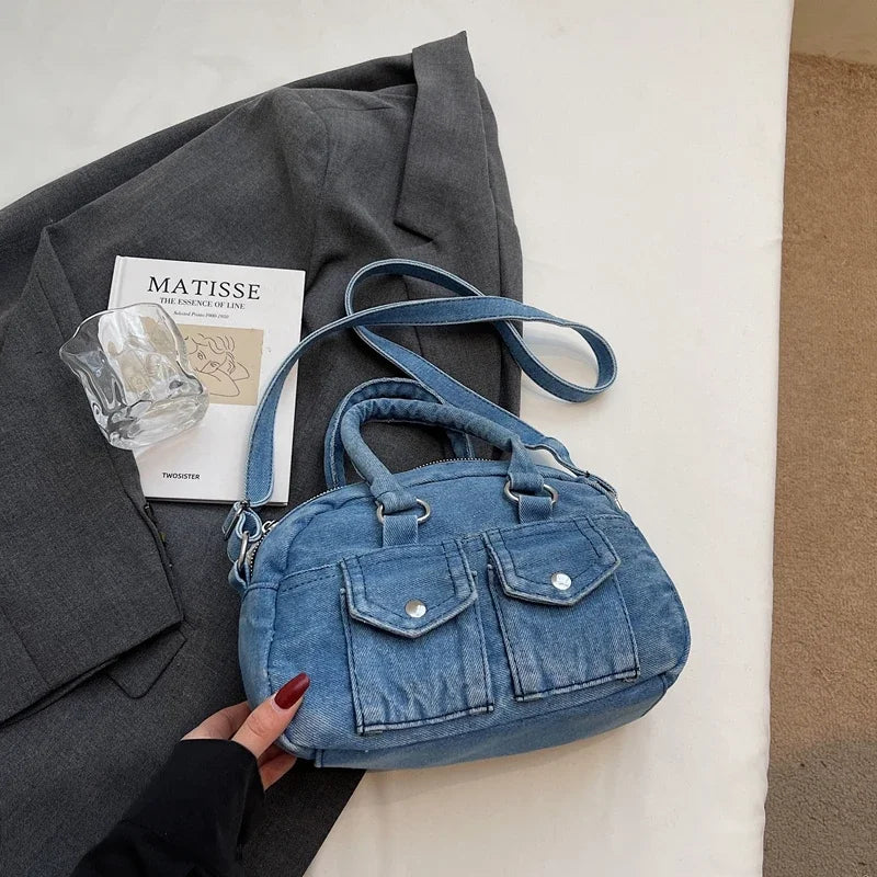 Denim Crossbody Satchel Bag for Women – Vintage Style Small Shoulder Handbag