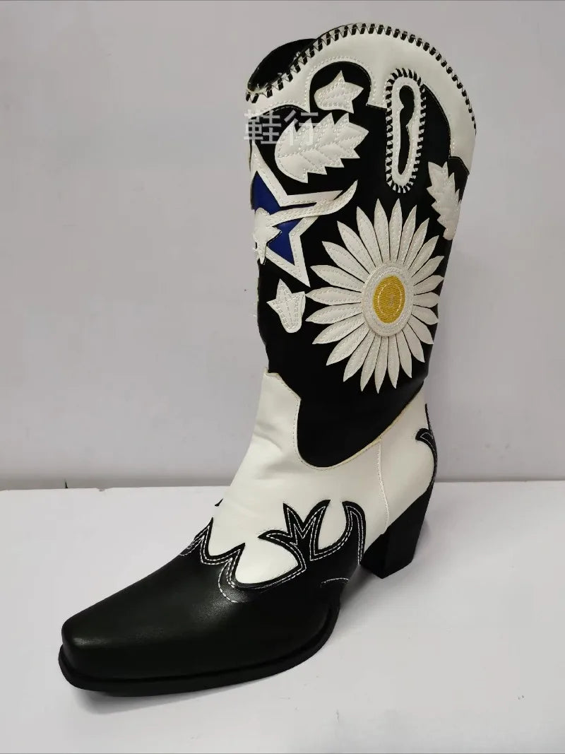 Women's Sunflower Embroidered Western Cowboy Mid-Calf Boot