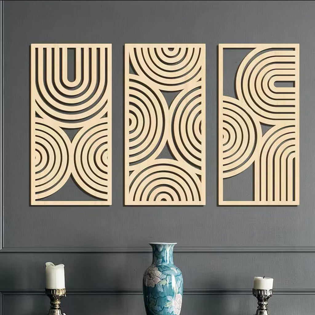 3-Piece Wooden Wall Art Mural Set | Abstract Hollow Arch Bohemian Decor for Kitchen, Bathroom & Living Room