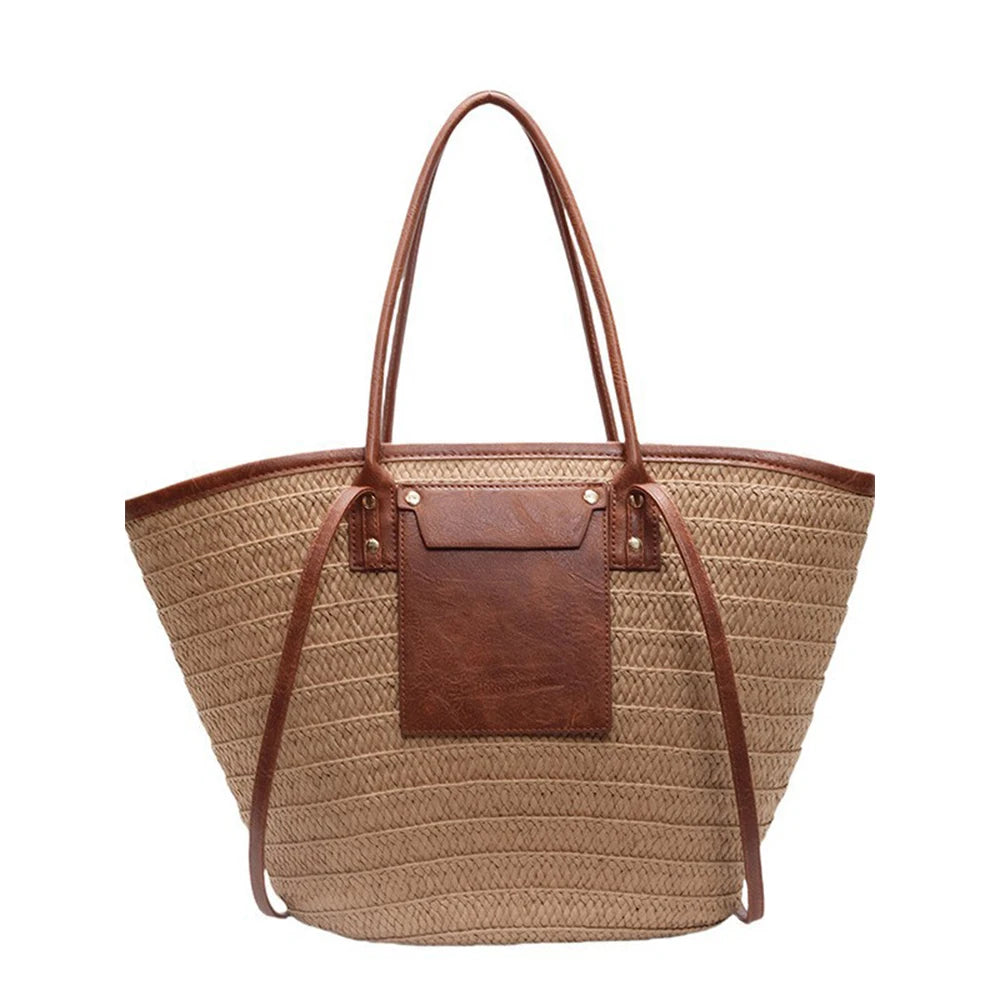 Bohemian Straw Woven Tote Bag with Leather Trim – Large Capacity Beach Vacation Shoulder Bag