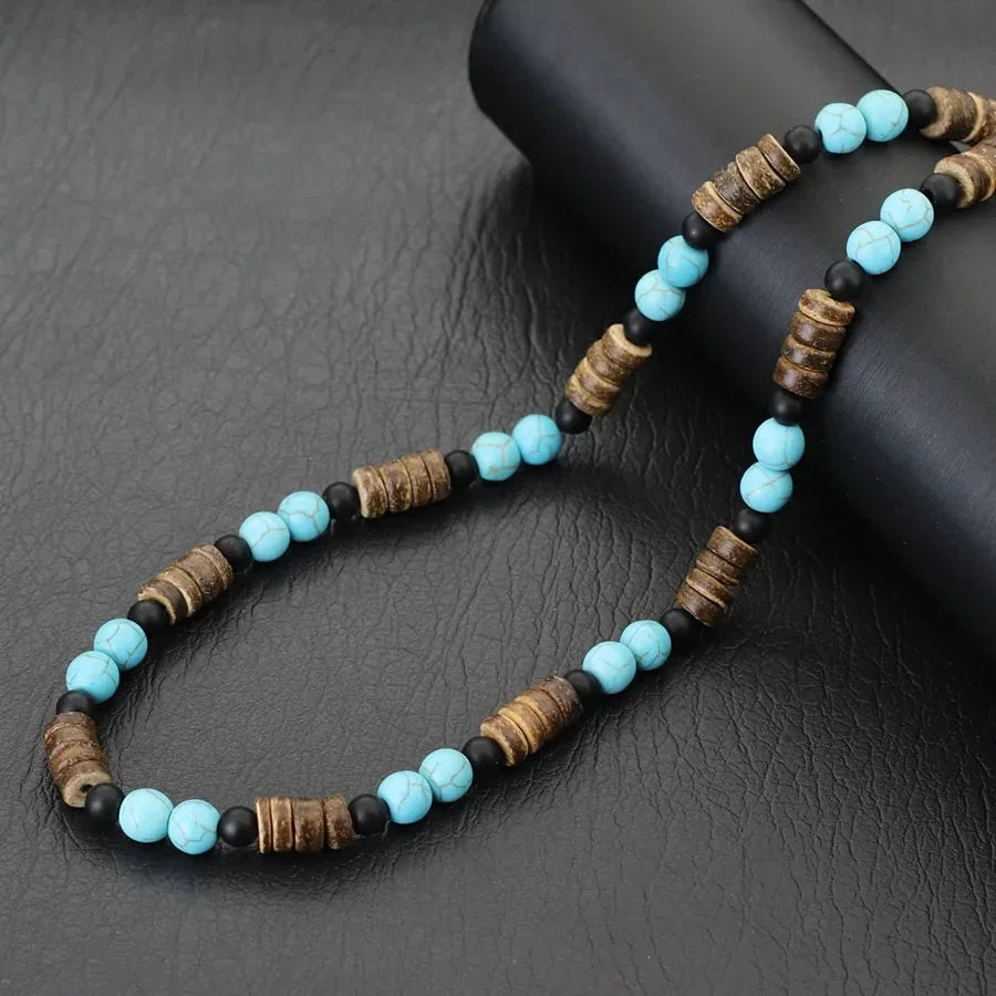 FBA Coconut Shell Lava Beaded Necklace for Men | Boho Wood Jewelry