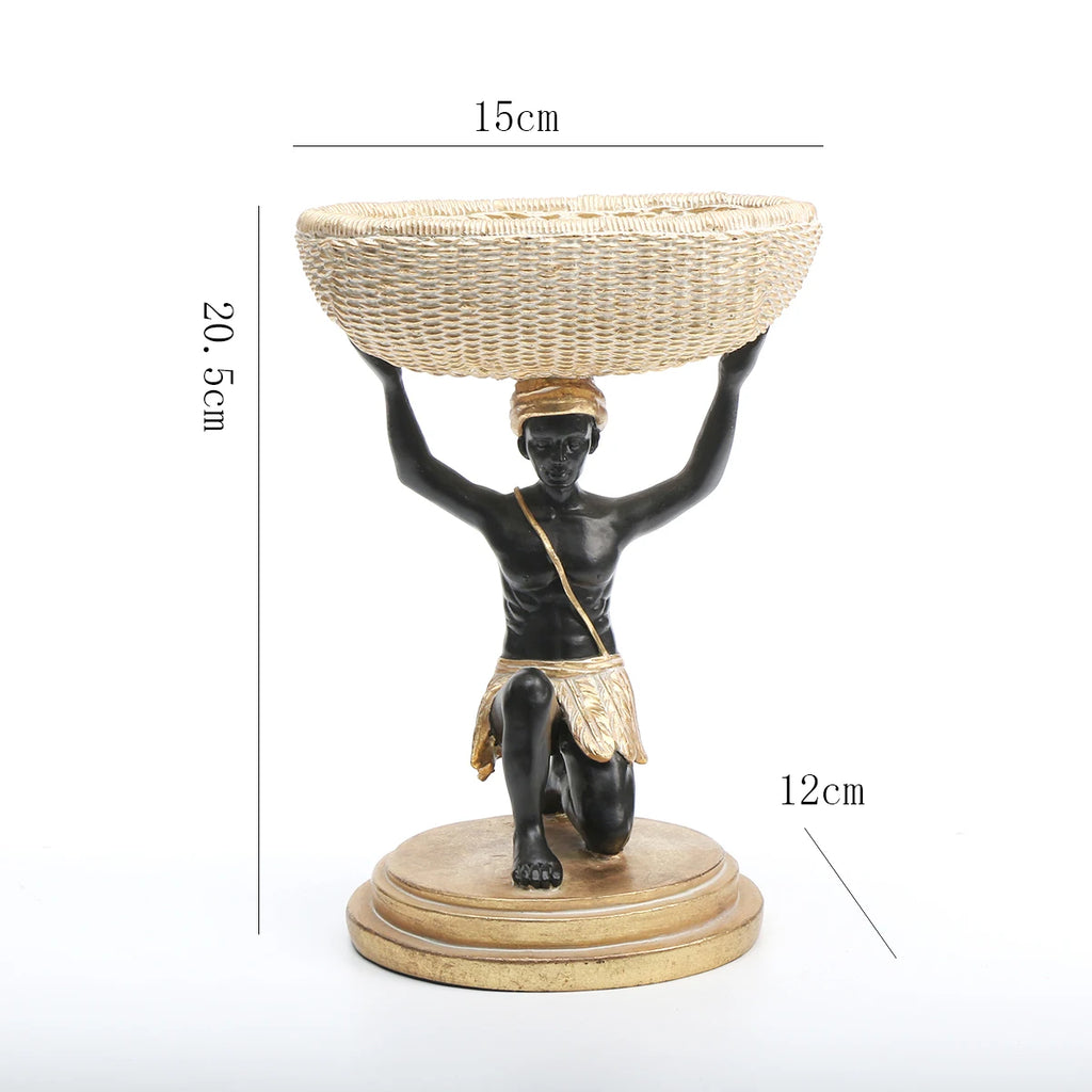 African Man Statue Tray | Tribal Resin Storage Basket & Home Organizer Decor