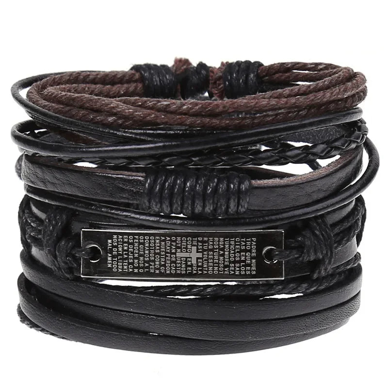 FBA 4-Piece Braided Leather Ethnic Wristband Set | Hope Believe Bracelet