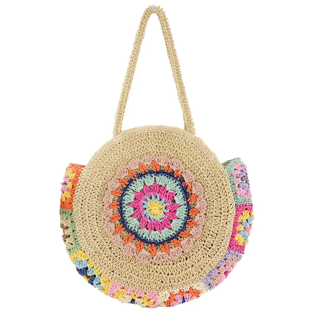 Women's Round Straw Woven Tote Bag – Large Capacity Ethnic Style Vacation Shoulder Handbag