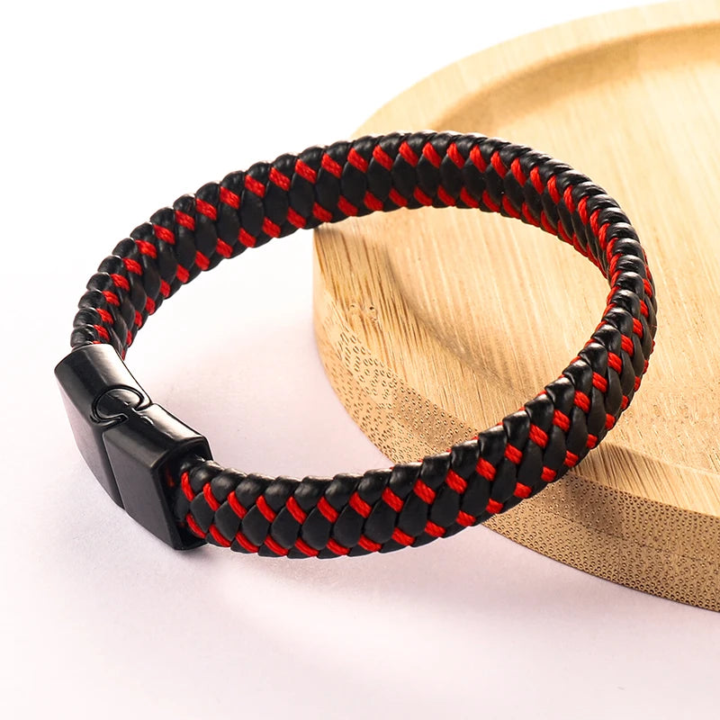 FBA Men's Black Braided Leather Magnetic Bracelet | Wristband Gift