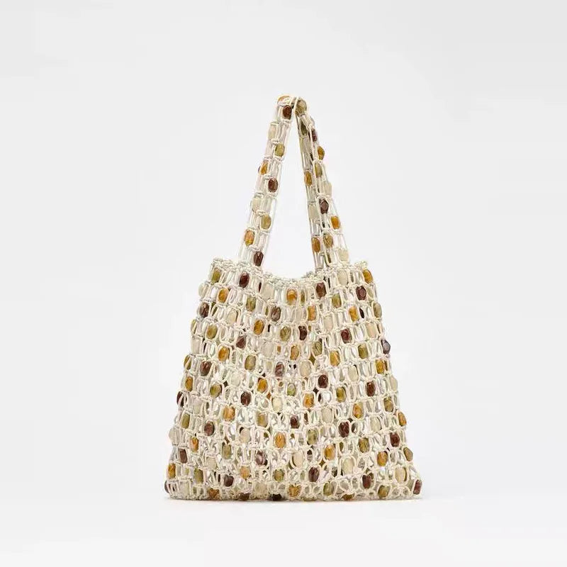 Handmade Woven Beaded Lattice Bag with Wooden Handle – Openwork Shoulder Tote