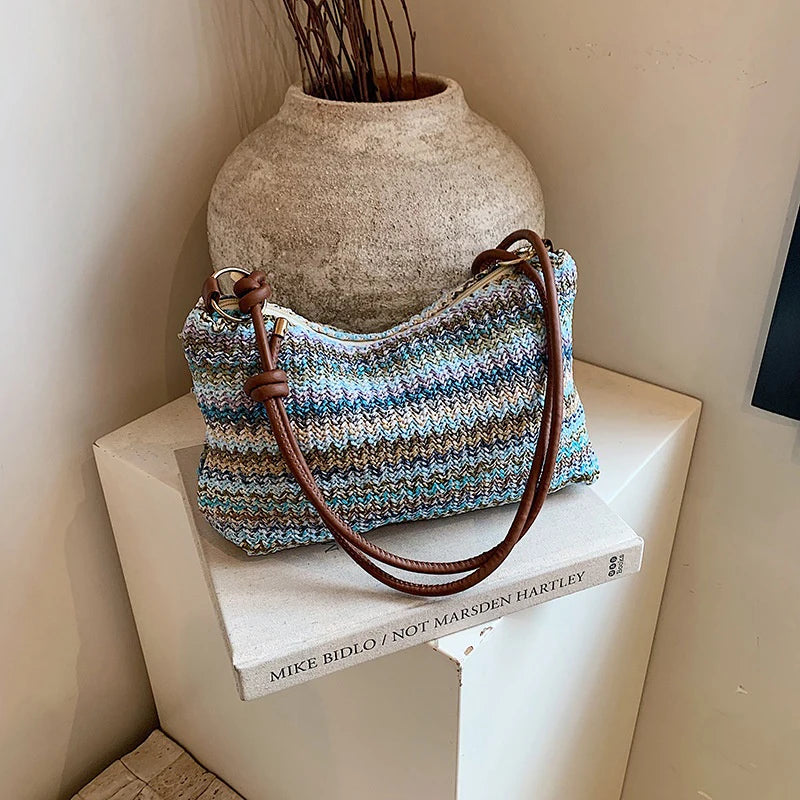 Striped Woven Straw Tote Bag with Zip Closure & Coin Purse – Lightweight Beach Vacation Bag