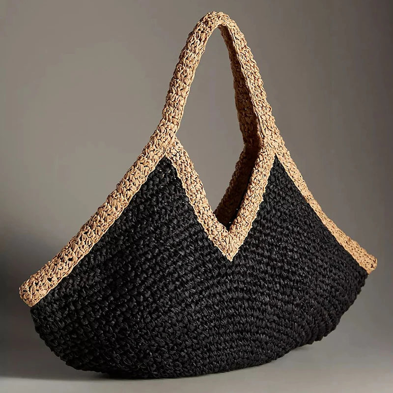 Bohemian Handmade Woven Straw Beach Bag – Vintage Crochet Rattan Tote Shoulder Purse