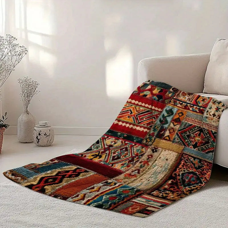 Persian Kilim Tribal Patchwork Flannel Throw Blanket – 5 Colors | FBA Vibes