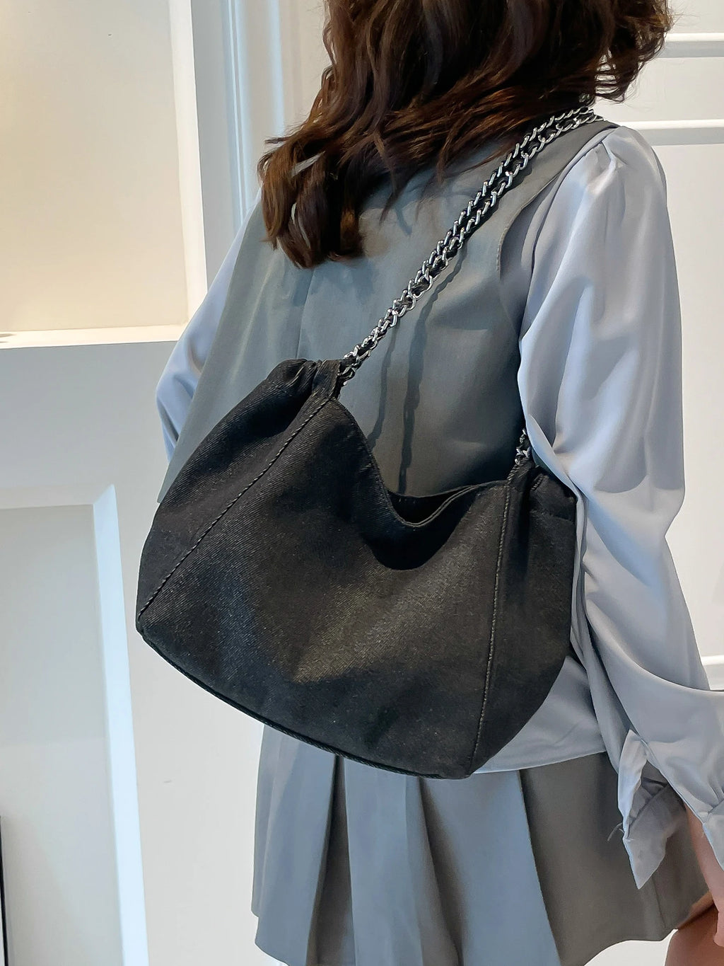 Denim Chain Shoulder Bag for Women – Large Capacity Korean Fashion Crossbody Tote