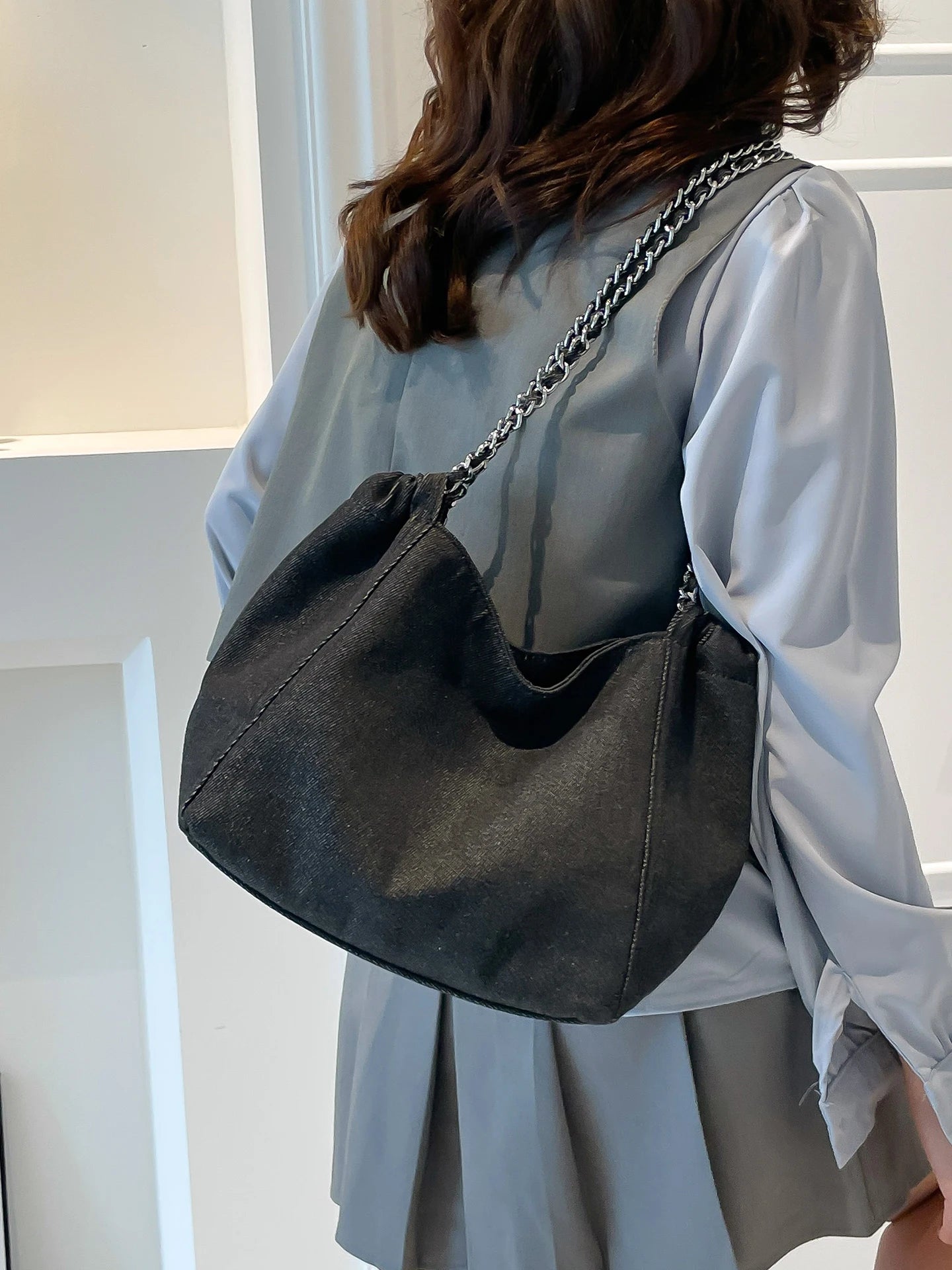 Denim Chain Shoulder Bag for Women – Large Capacity Korean Fashion Crossbody Tote