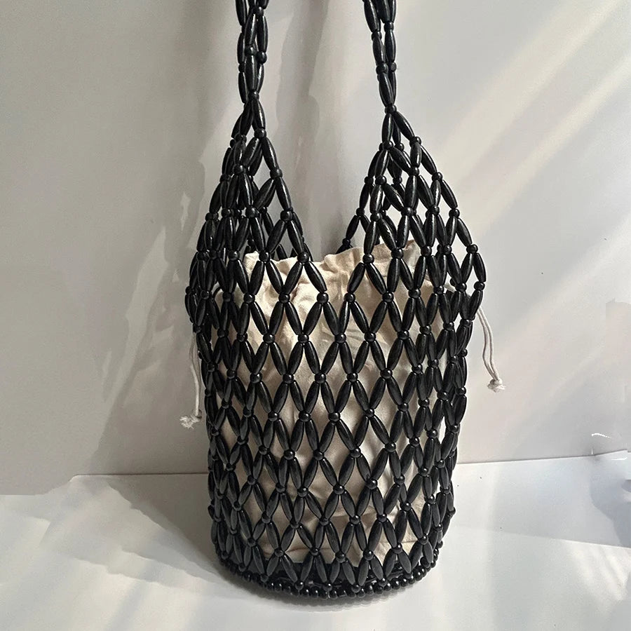 Hollow-Out Wooden Bead Woven Bucket Tote with Canvas Inner Bag – Boho Summer Beach Shoulder Handbag