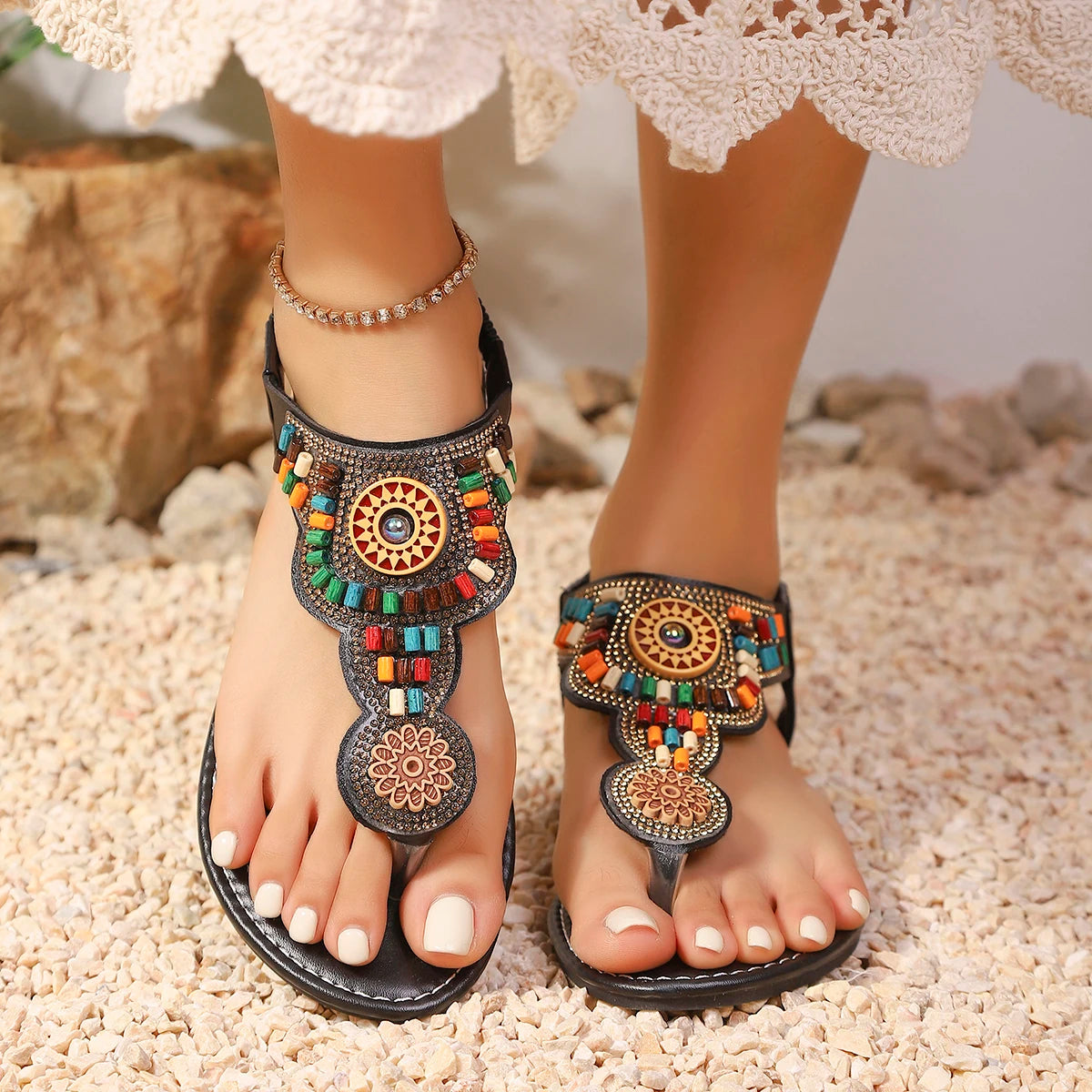 FBA Women's Vintage Bohemian Thong Sandals | Ethnic Soft Bottom Shoes
