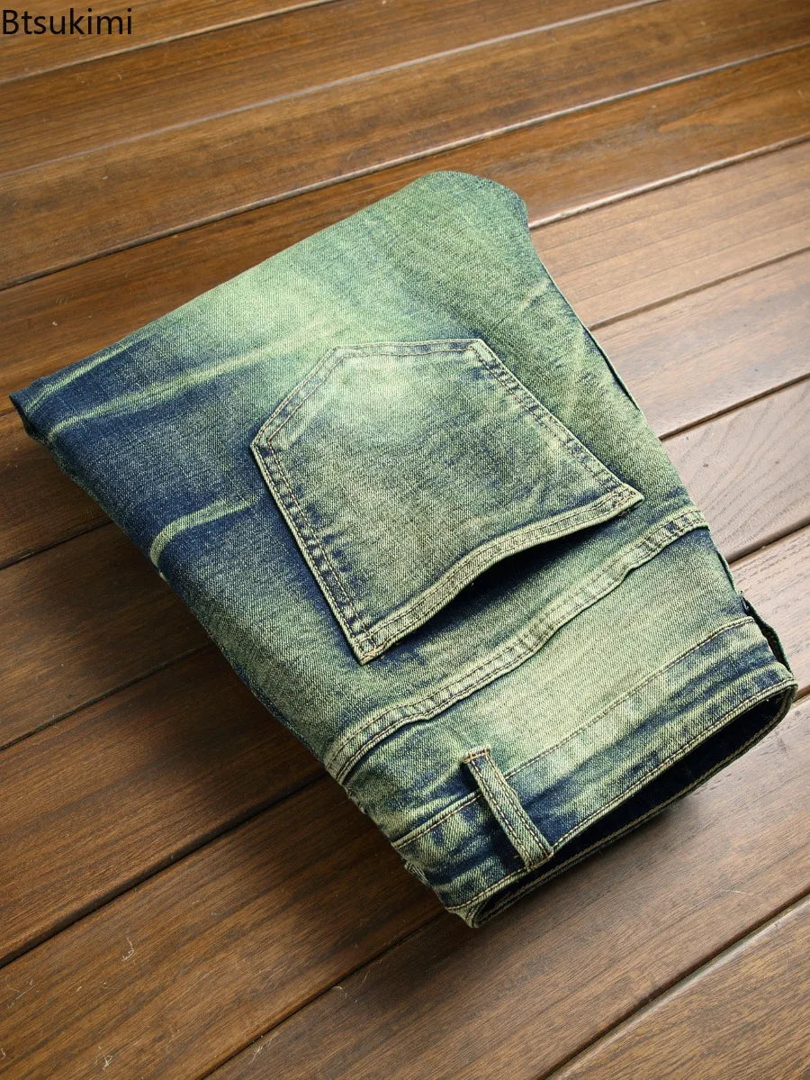 Men's Retro Hip Hop Slim Fit Patchwork Motorcycle Jeans – Pencil Trousers Distressed Streetwear Denim | Green | W28–W42 | FBA Vibes