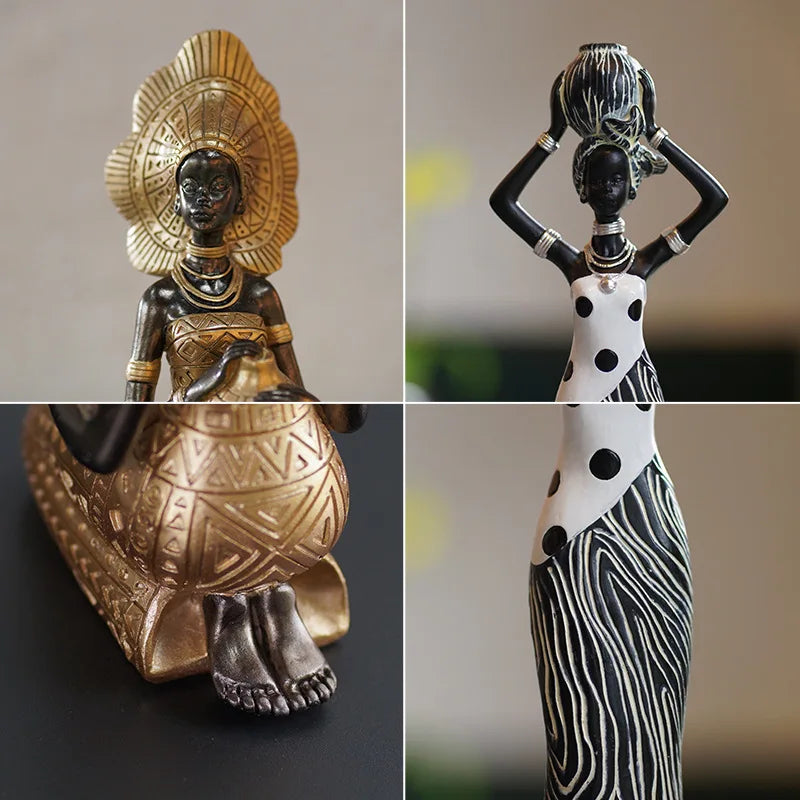 African Woman Resin Statue | Tribal Lady Figurine in Black & Gold for Living Room & Home Decor