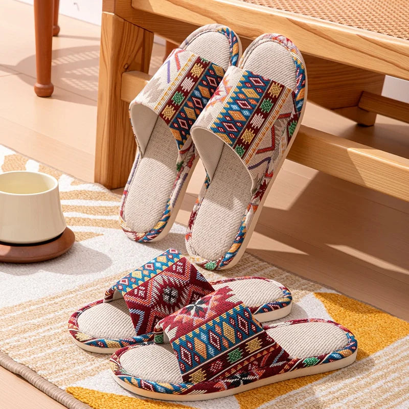 FBA Ethnic Linen Flip Flops | Unisex Retro Beach Sandals