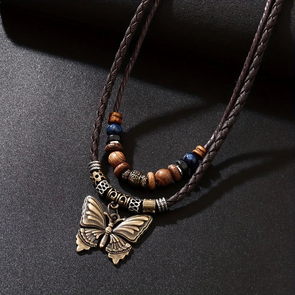 FBA Vintage Butterfly Wood Bead Necklace | Unisex Boho Jewelry