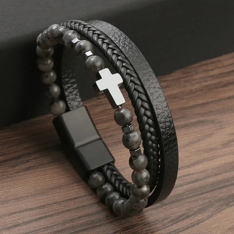 FBA Prayer Rosary Cross Natural Stone Leather Bracelet | Yoga Meditation Jewelry