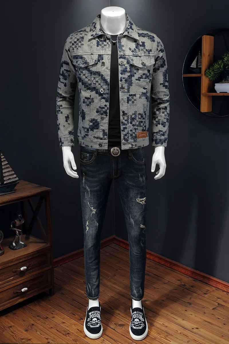 Men's Retro Jacquard Denim Jacket – Hip Hop Cowboy Streetwear Coat | Dark Grey | M–4XL | FBA Vibes