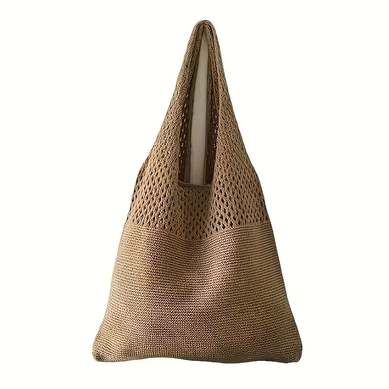 Women's Bohemian Knit Openwork Nylon Tote Bag – Casual Beach Shoulder Bag for Outings & Trips